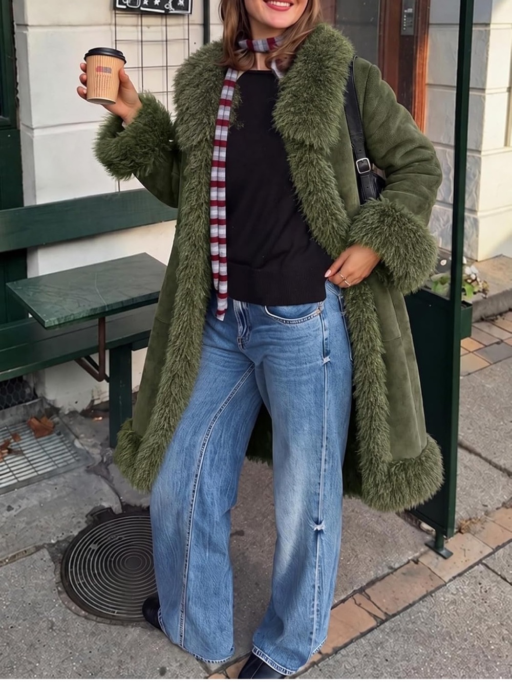 Olive Green Faux Fur Trim Coat - Women’s Long Winter Jacket